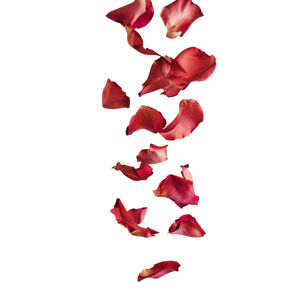 A minimalist composition featuring a scattering of velvety rose petals suspended in mid-air isolated on a transparent background png