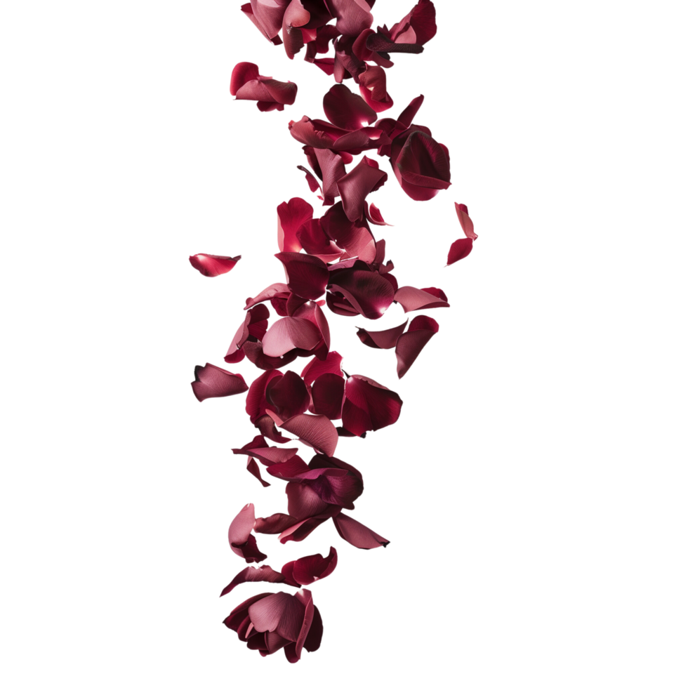 A minimalist composition featuring a scattering of velvety rose petals suspended in mid-air isolated on a transparent background png