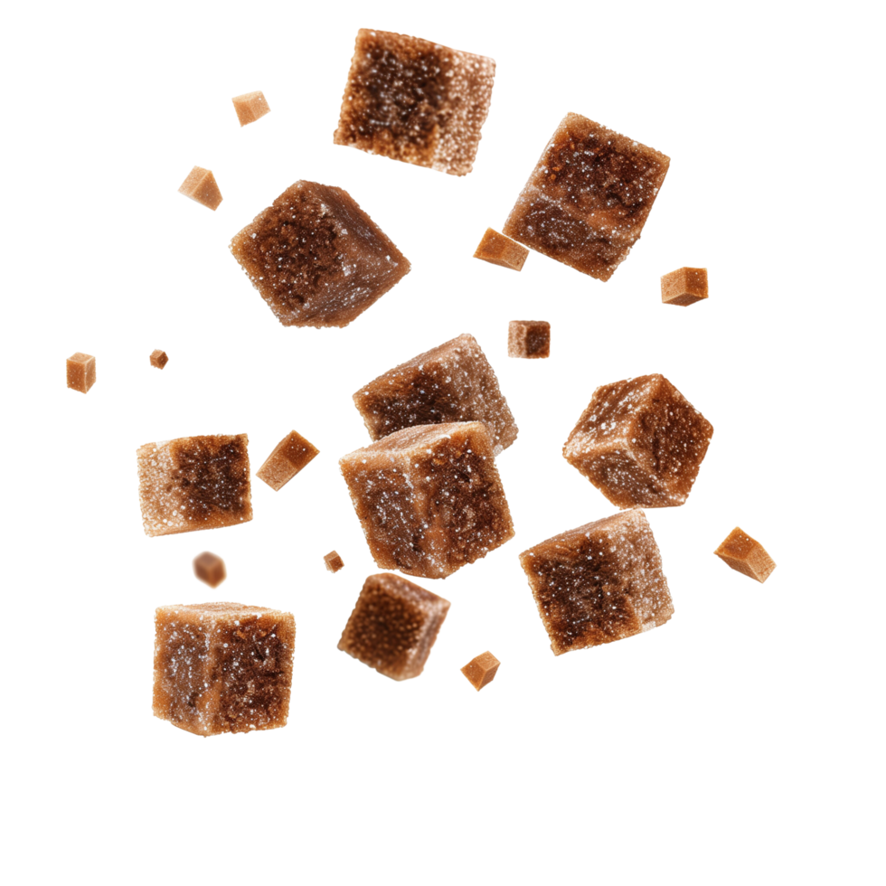 A flying brown sugar cubes, perfectly captured in mid-air, isolated on a transparent background png