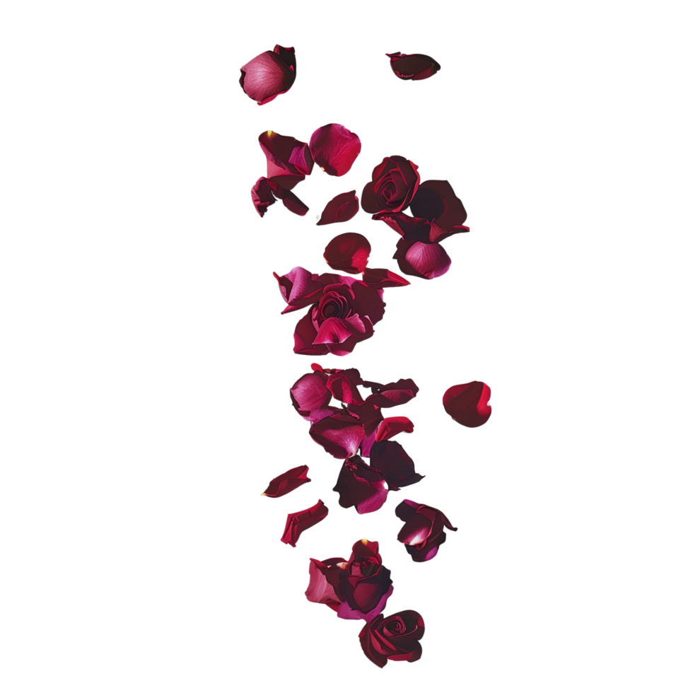 A minimalist composition featuring a scattering of velvety rose petals suspended in mid-air isolated on a transparent background png