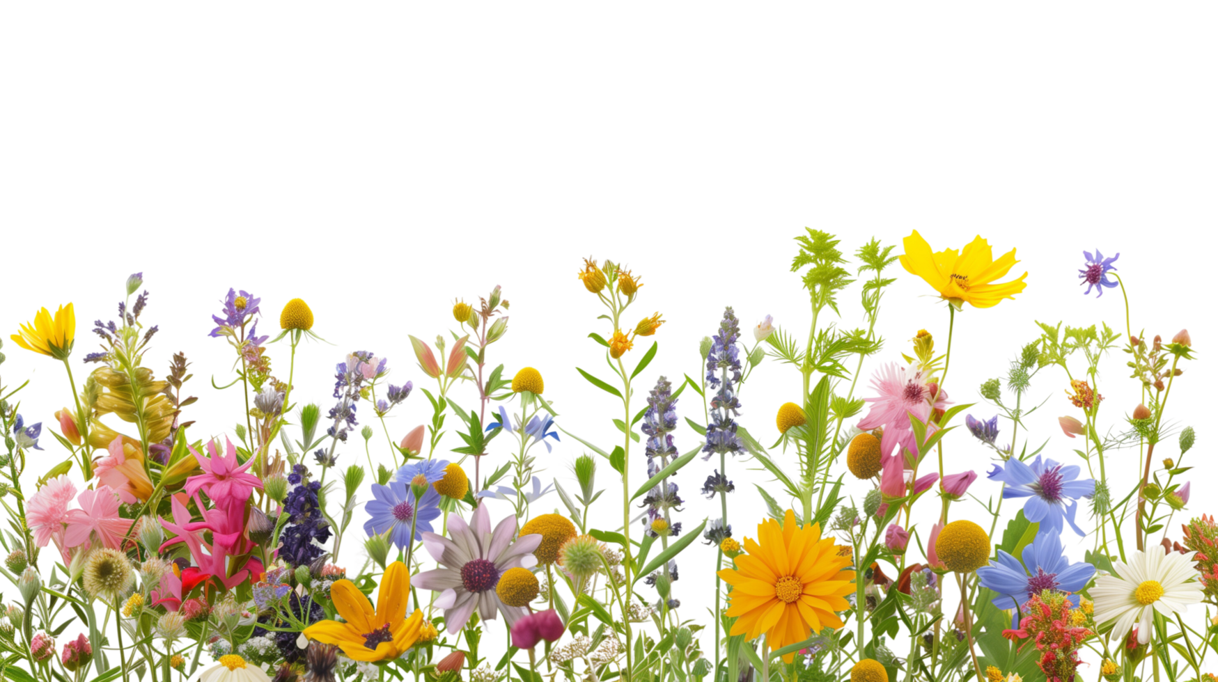 A bouquet of vibrant wildflowers forming a delicate border frame in the foreground, isolated on a transparent background png