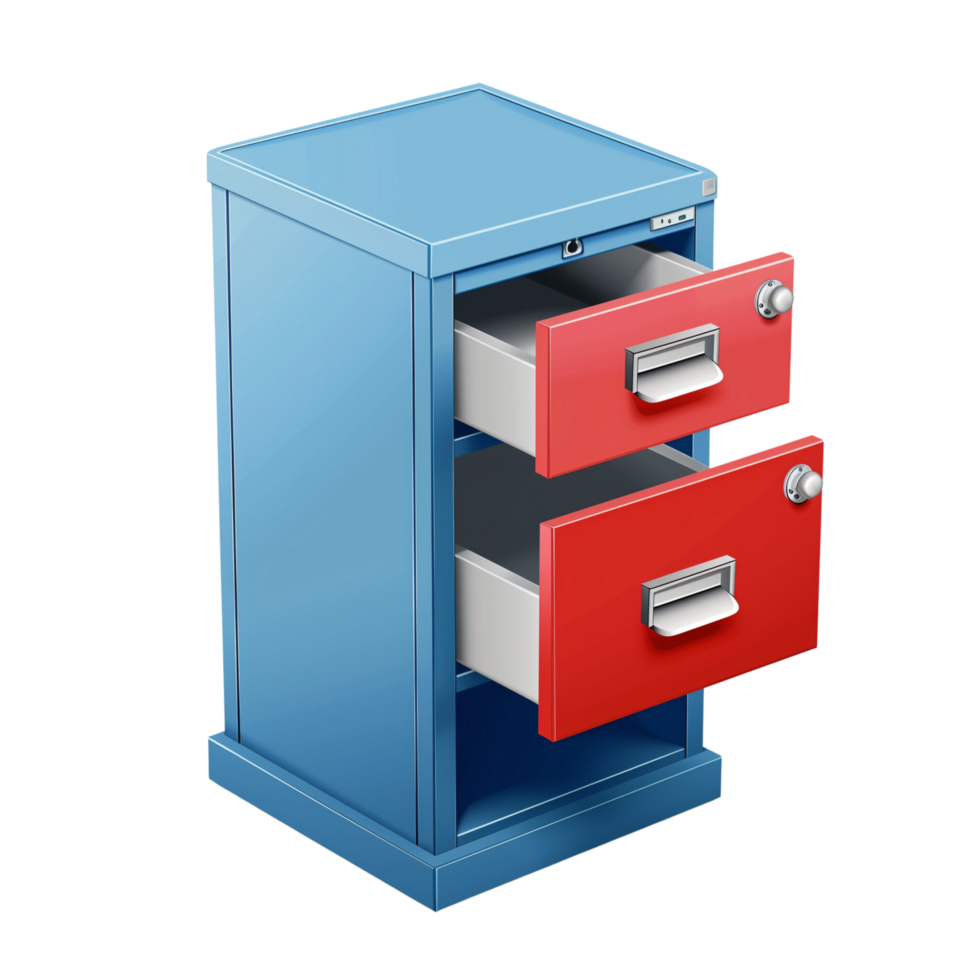 A colorful filing cabinet icon with an open drawer isolated on a transparent background png