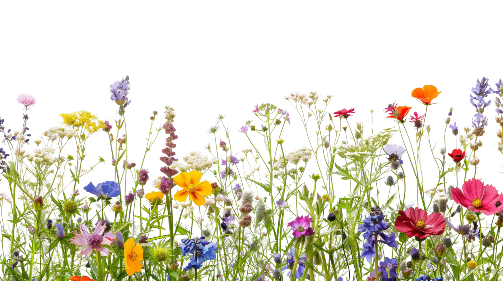 A bouquet of vibrant wildflowers forming a delicate border frame in the foreground, isolated on a transparent background png