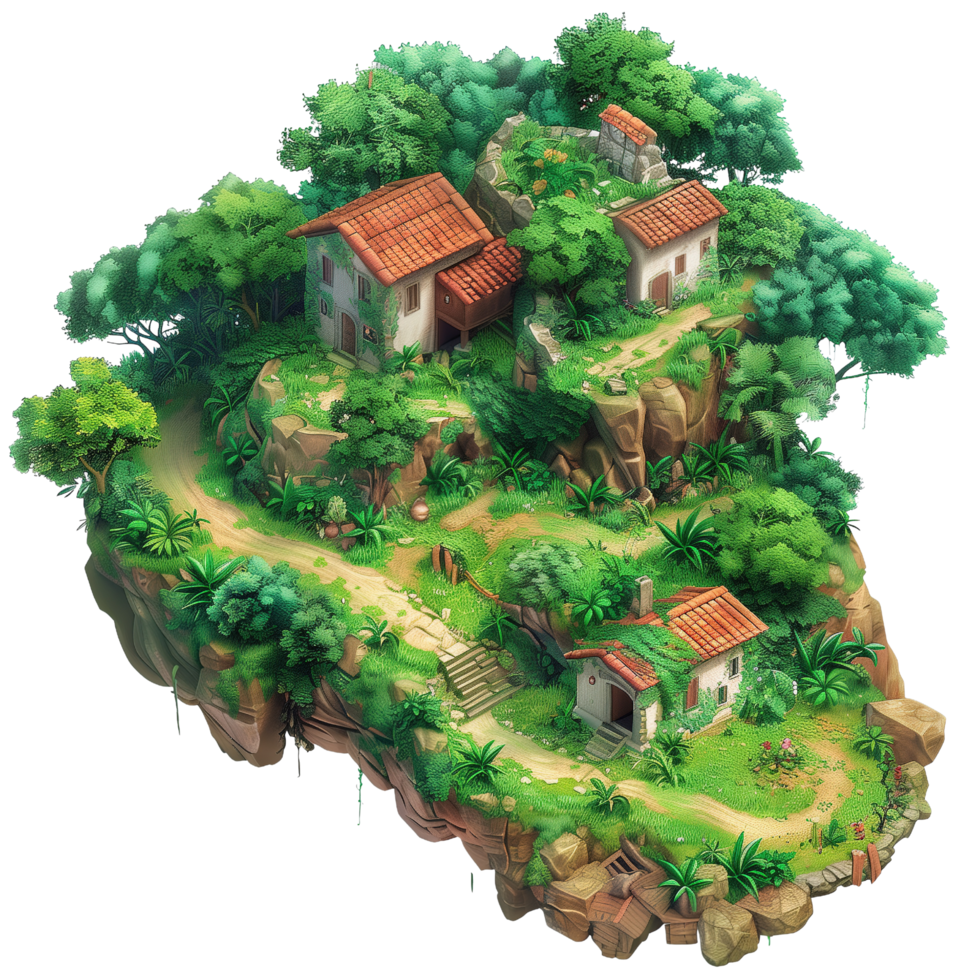 A hilly isometric game map featuring a dilapidated house at the center, surrounded by lush greenery and uneven terrain isolated on a transparent background png