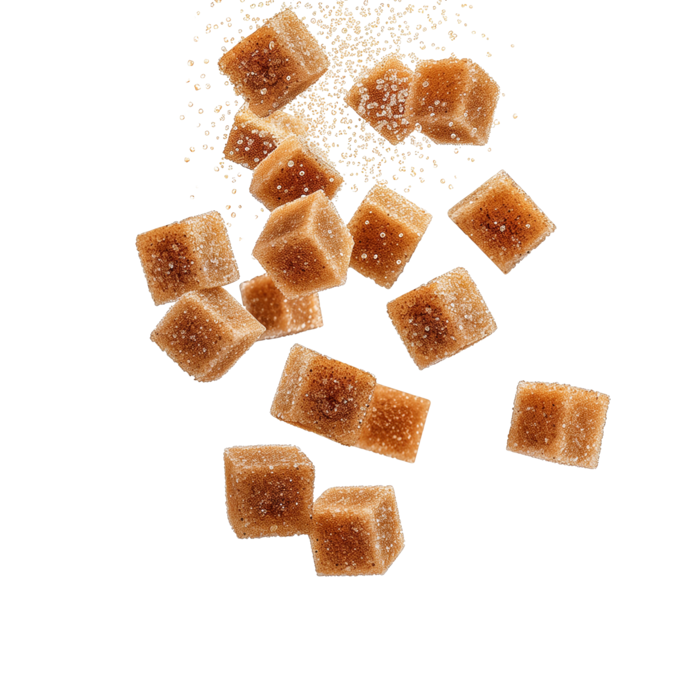 A flying brown sugar cubes, perfectly captured in mid-air, isolated on a transparent background png