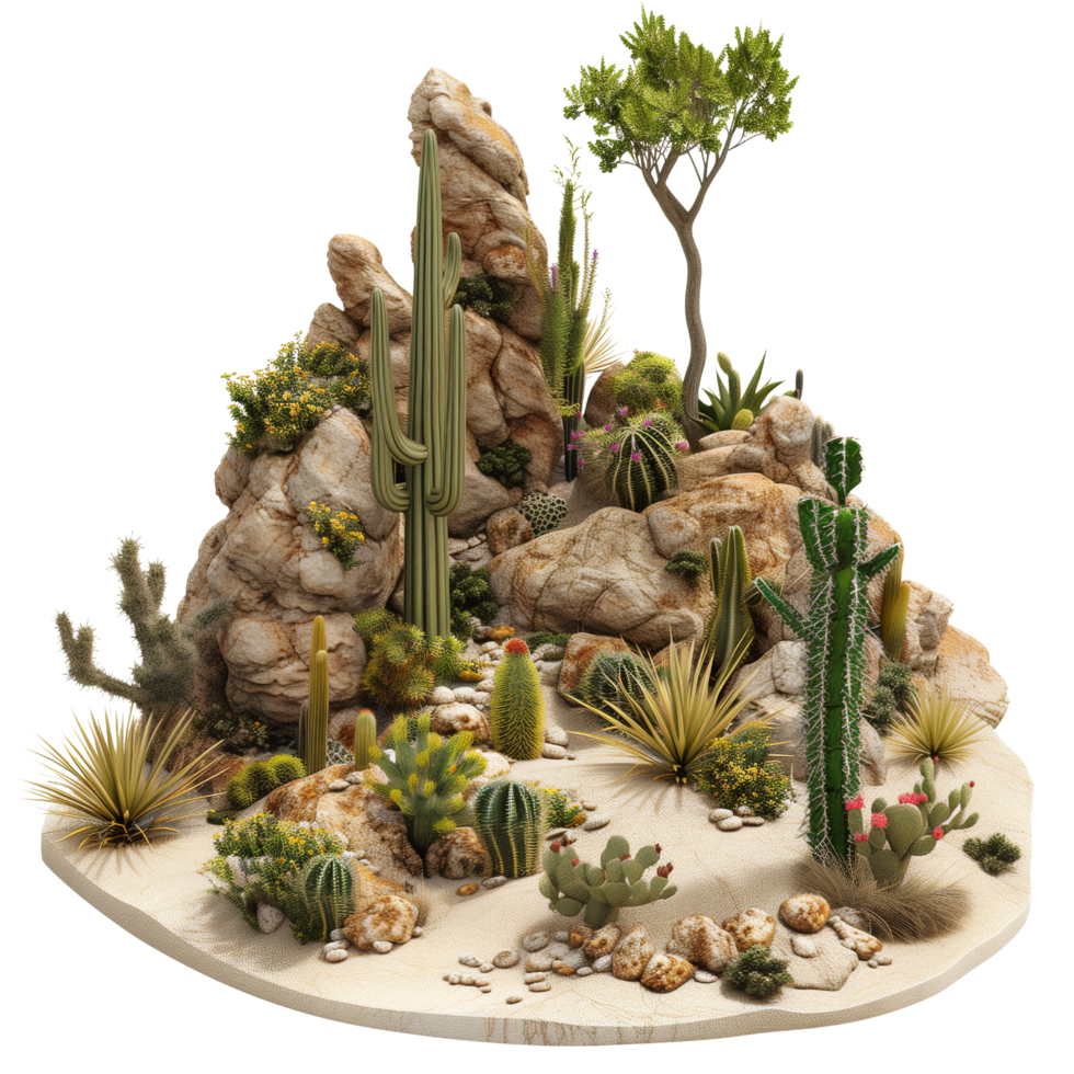 A barren African desert scene featuring tumbleweeds, various cactuses, and rocky outcrops isolated on a transparent background png