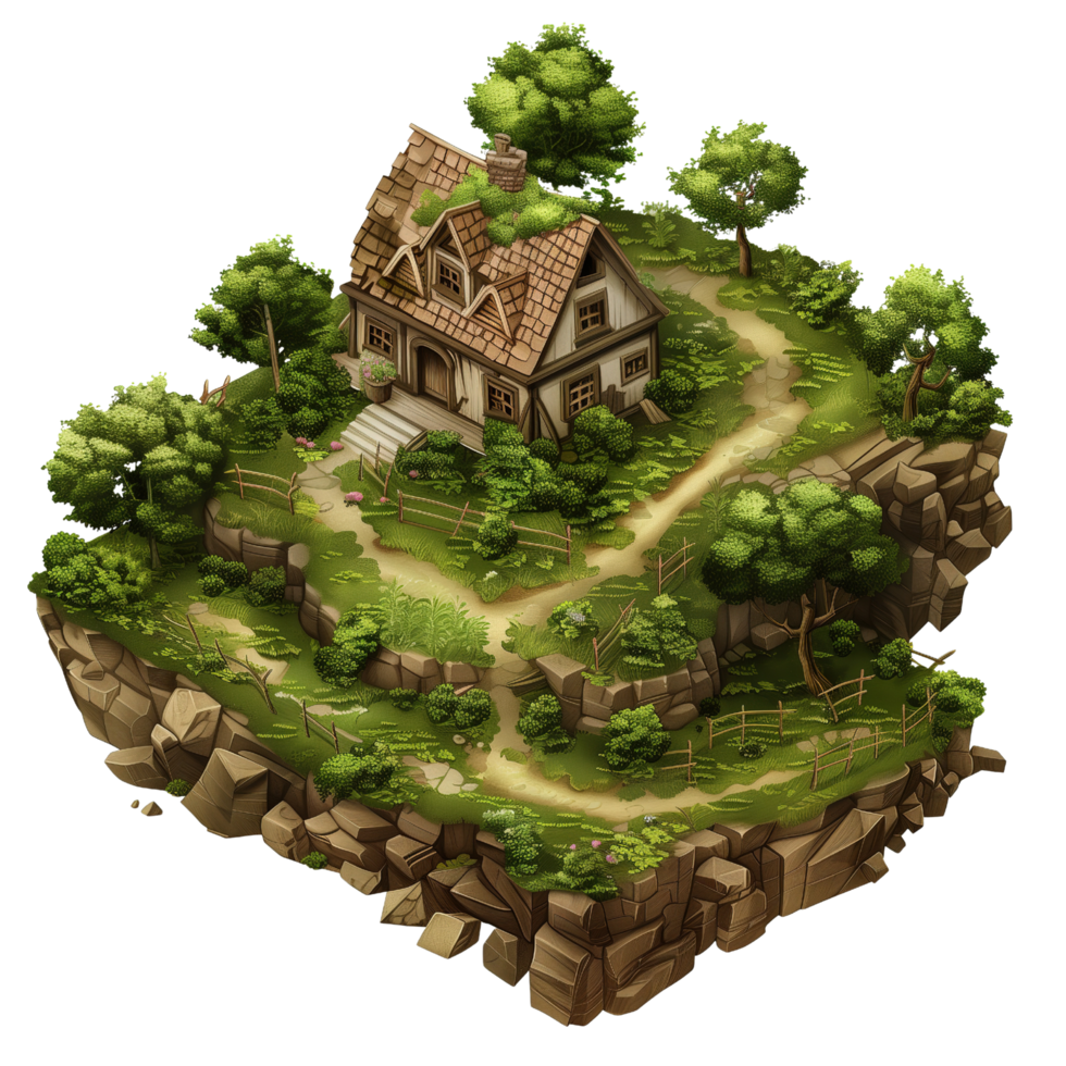 A hilly isometric game map featuring a dilapidated house at the center, surrounded by lush greenery and uneven terrain isolated on a transparent background png