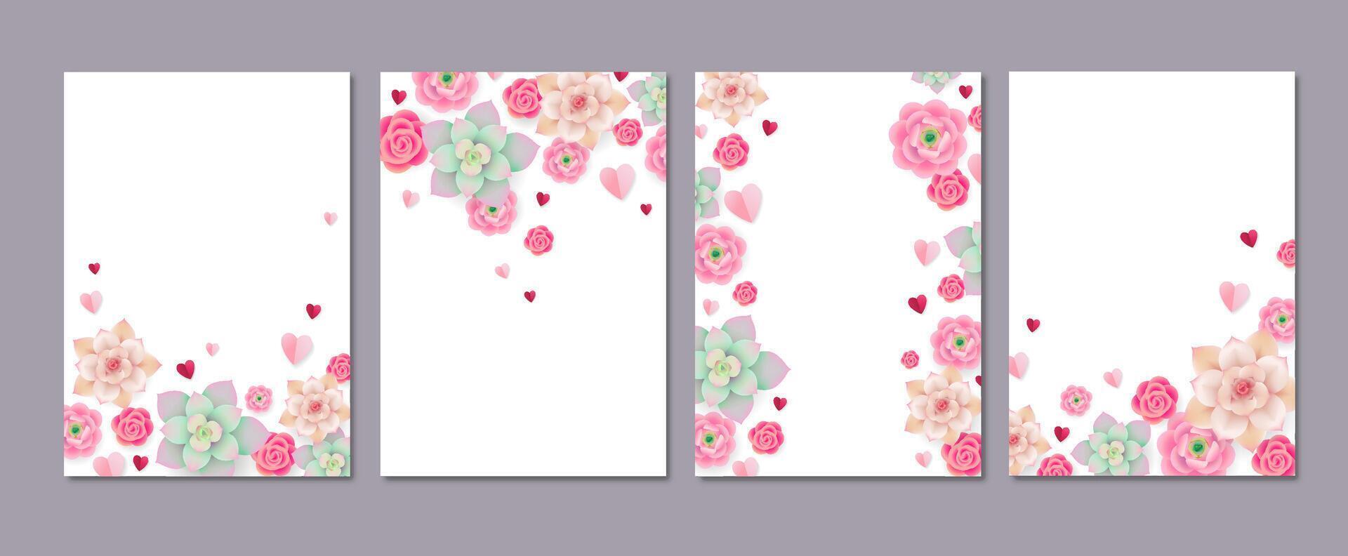 Set of floral backgrounds for poster, greeting card and more. Beautiful flowers and paper hearts on white background illustration vector