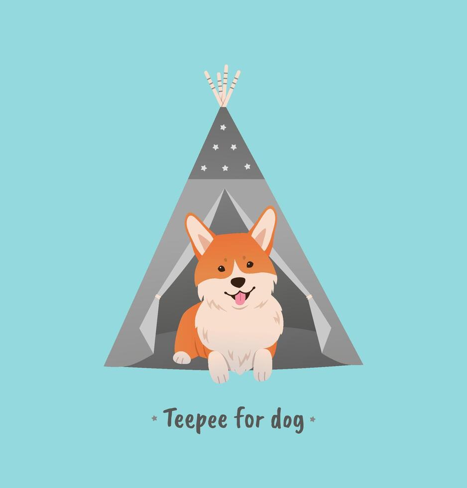 Dog in teepee. Welsh Pembroke Corgi in tent for pets illustration vector