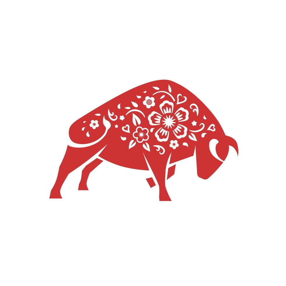 Chinese zodiac symbol paper cut Ox with flowers in red color. Isolated floral bull symbol for Year of Ox celebration vector