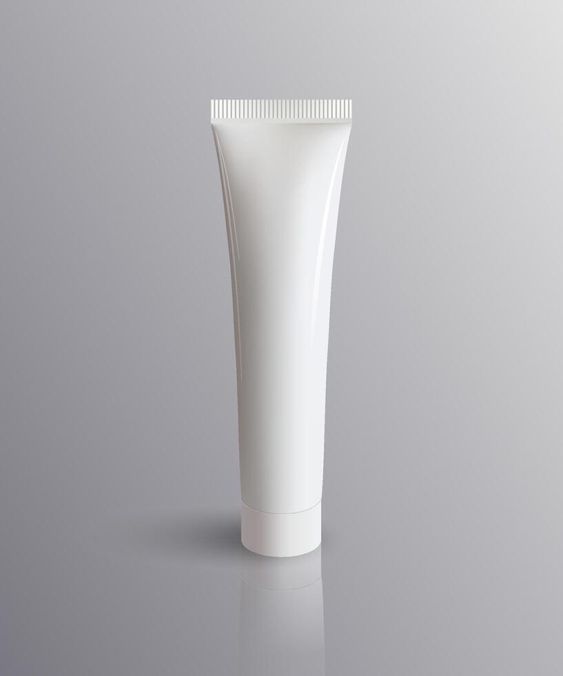 White tube mockup on grey background. Realistic cosmetic packaging with shadow and reflection vector