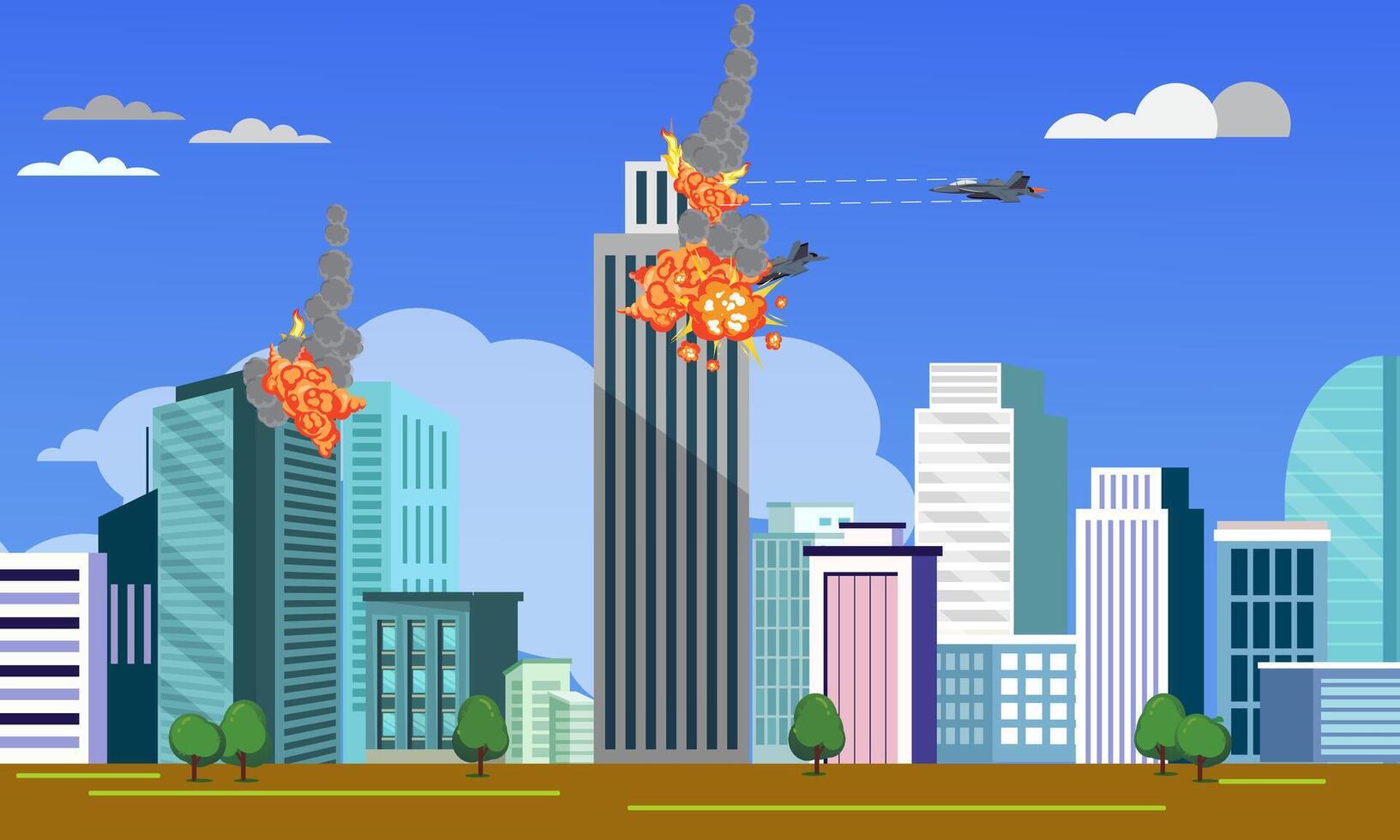 Fighter planes attacked the city and crashed into buildings. scene illustration war. vector