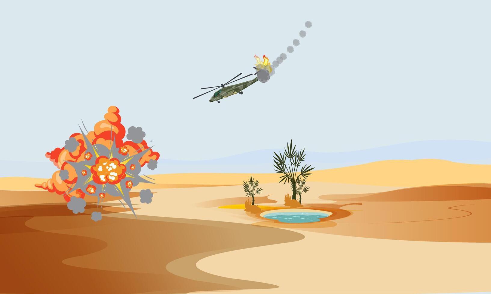 Illustration of a helicopter shot down. bomb blast. vector
