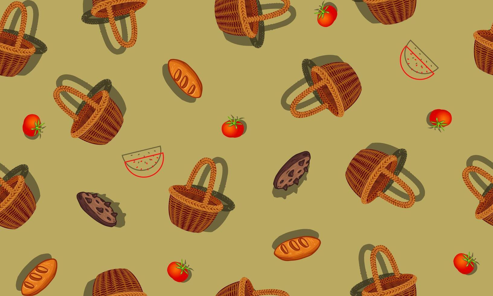 Seamless pattern with straw wicker baskets and food. vector
