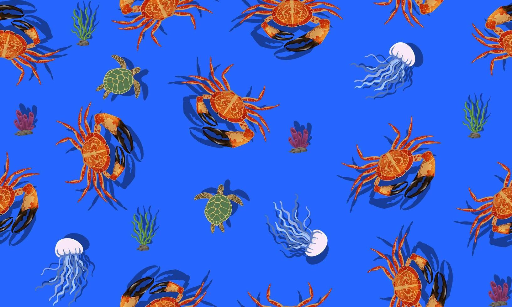 Seamless pattern with sea animals crab on blue background. vector