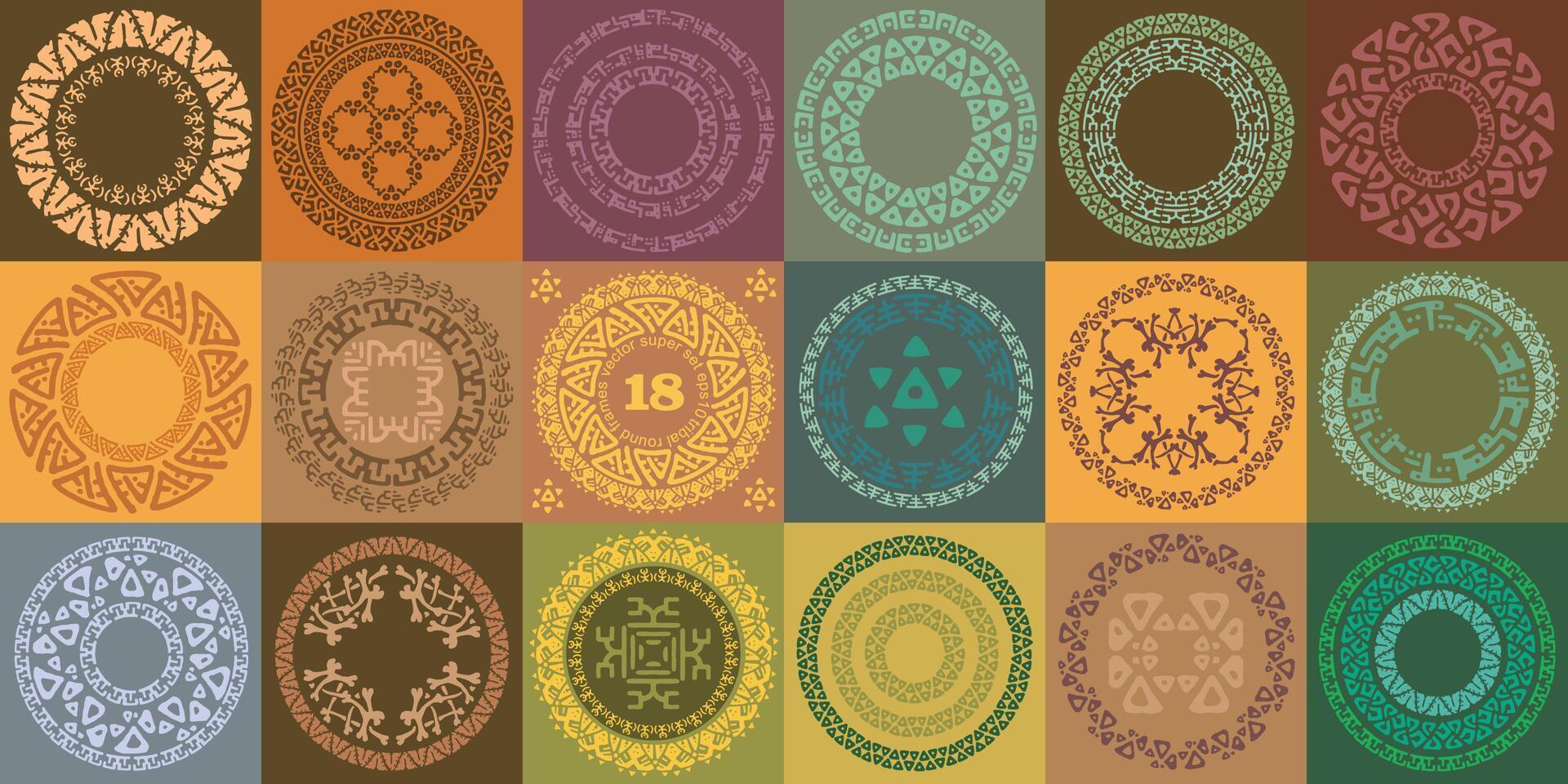 Set of hand drawn ethnic circle frames. Round labels with ornamental borders. Decorative isolated elements, border, label for text. collection of symbols. Tribal native aztec vector