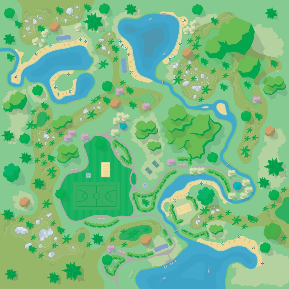 Site improvement Landscape and tourist camp in the forest. Mountains, stones, hills, river, trees, plants, boats, lake, beach. View from above. Terrain design vector