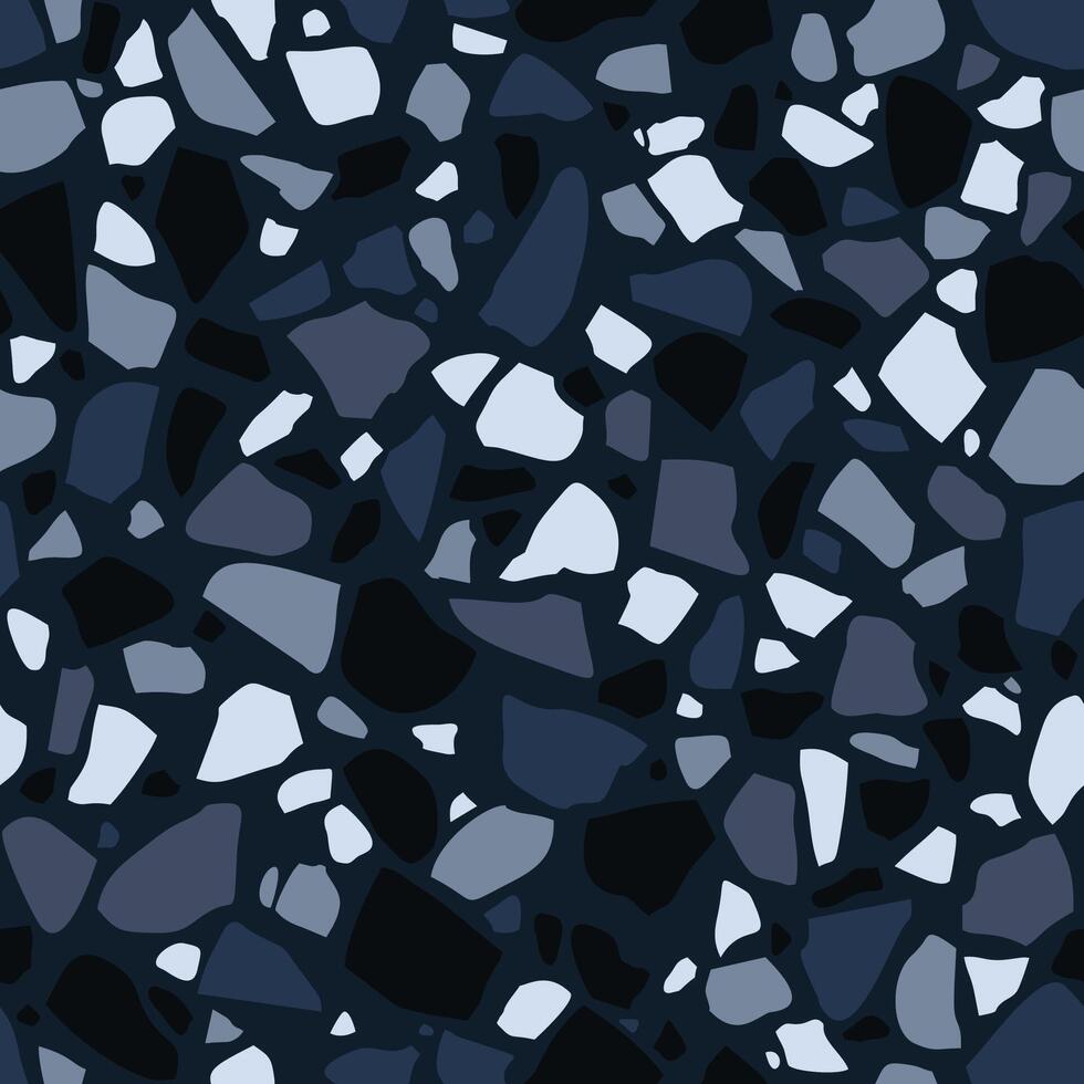 Terrazzo flooring seamless pattern in black colors. Texture of mosaic floor with natural stones, granite, marble, limestone, concrete vector