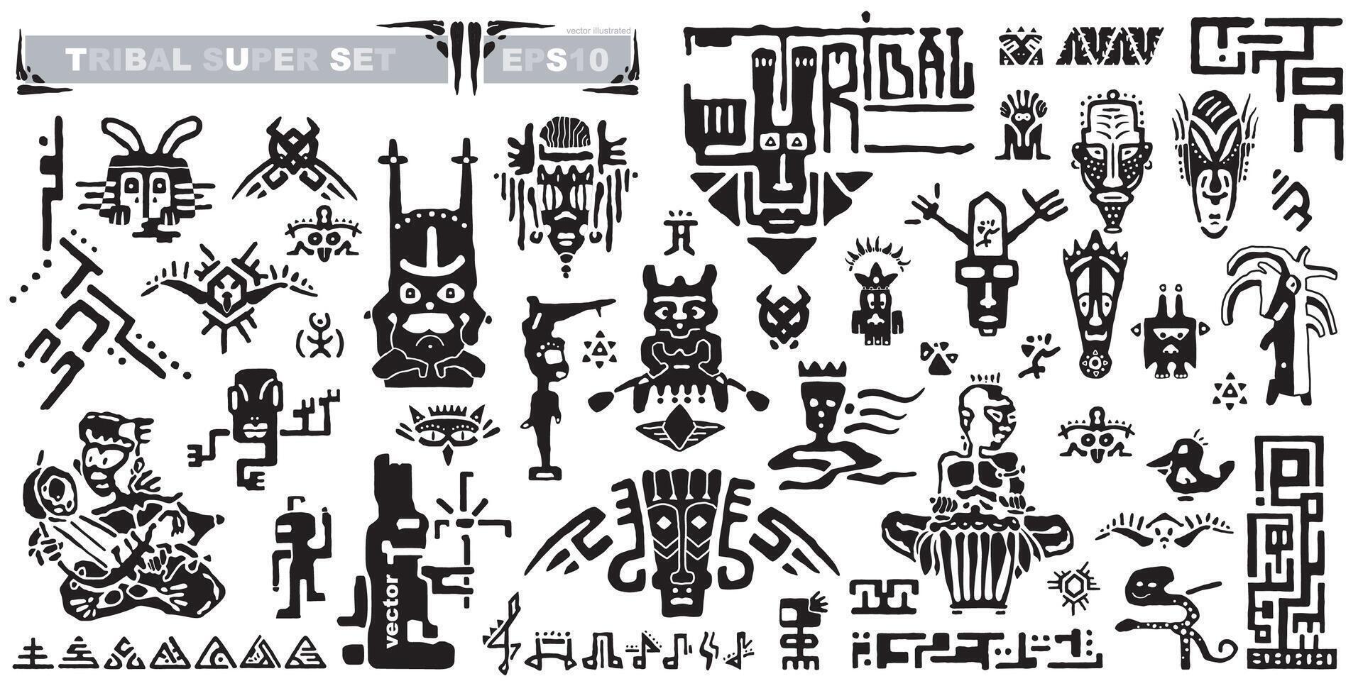 Set of tribal icons and musical notes. Ancient elements and symbols of the Maya. Black and white silhouette hand draws animals and fantastic creatures. Collection of cartoons ethnic style vector