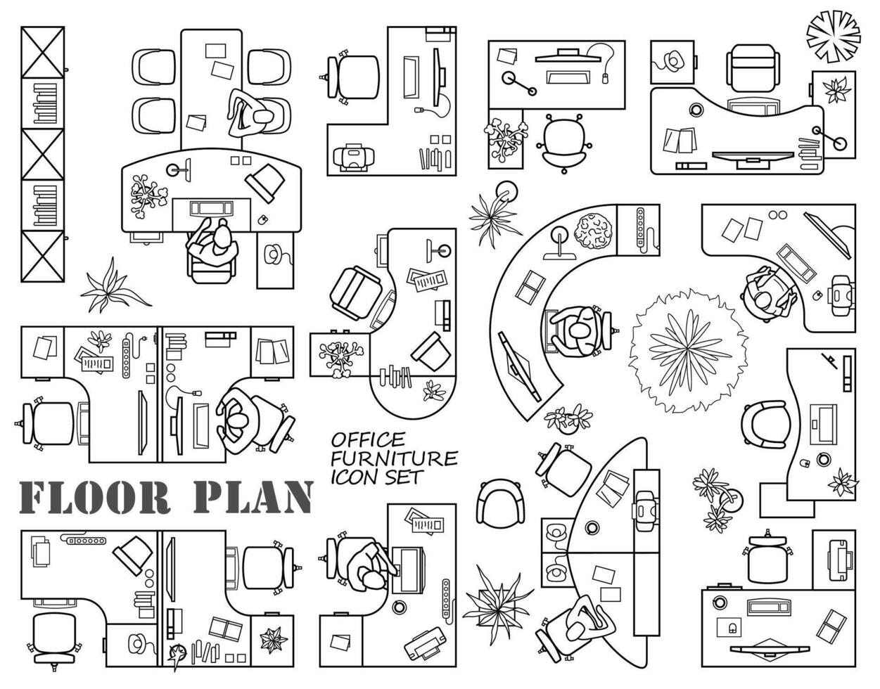 Floor plan of office or cabinet in top view. Desks working table, chairs, computers, reception and other modular system of office equipment. Furniture icons in view from above vector