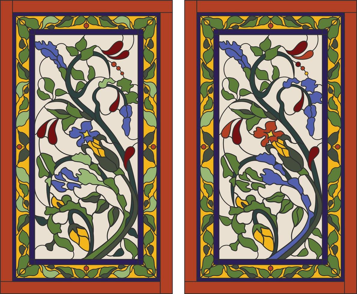 Stained glass panel in a rectangular frame. Classic window, abstract floral arrangement of buds and leaves in the art nouveau style vector
