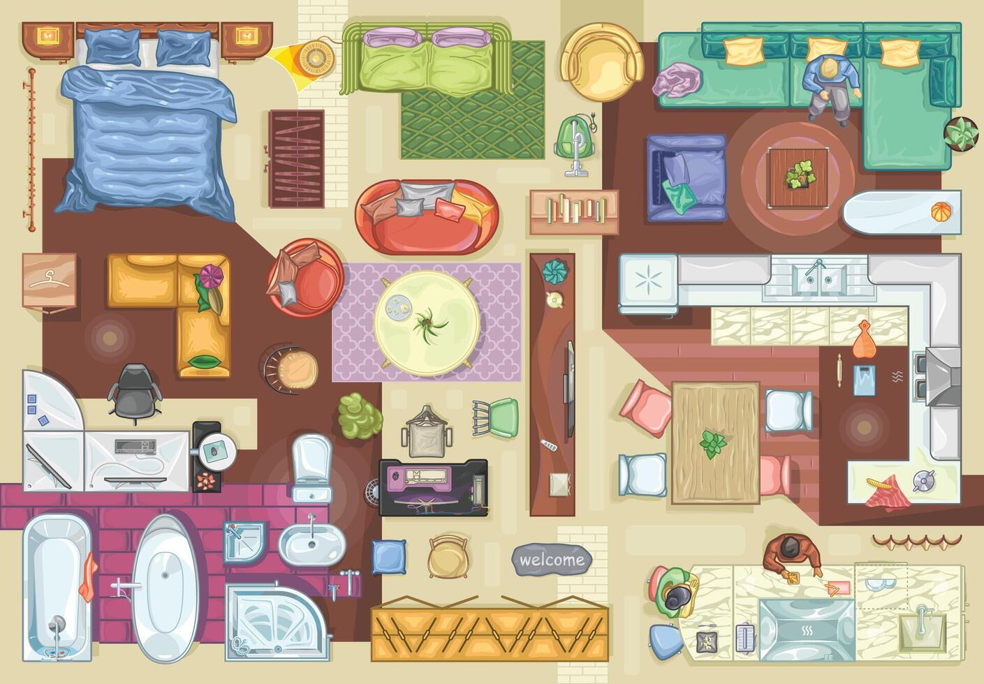 Floor plan icons set for design interior view from above. Furniture colored icon in top view for layout. vector