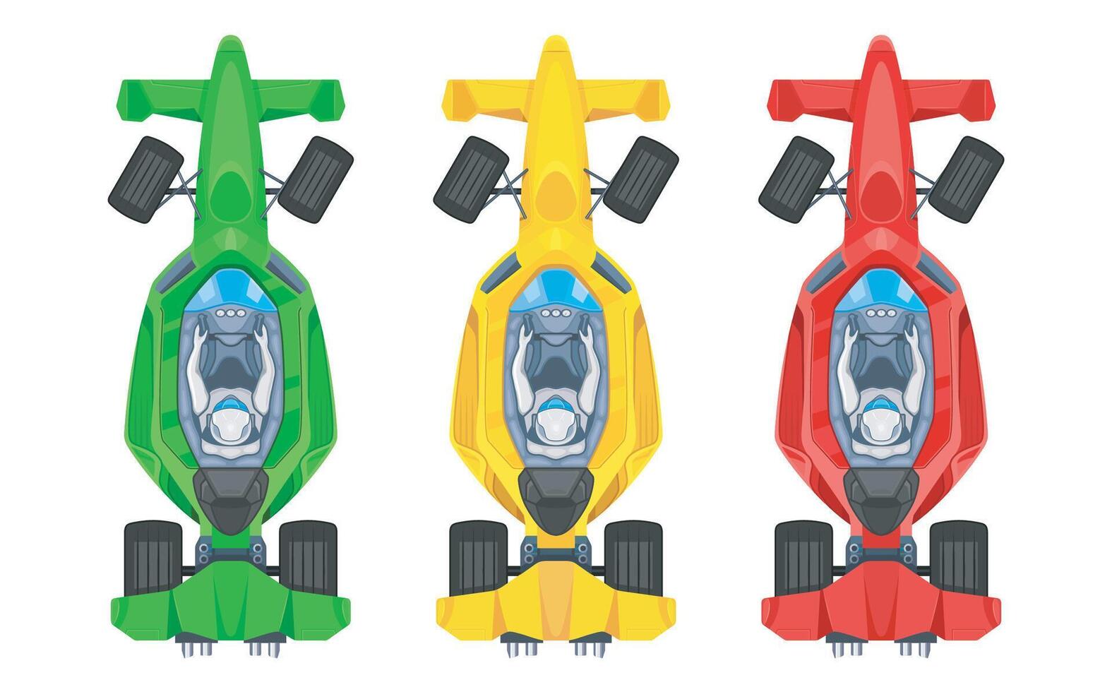 Set of colorful fast motor racing cars, formula 1, bolides sport racing car flat icons isolated on white background. Speed motor drive. View from above vector