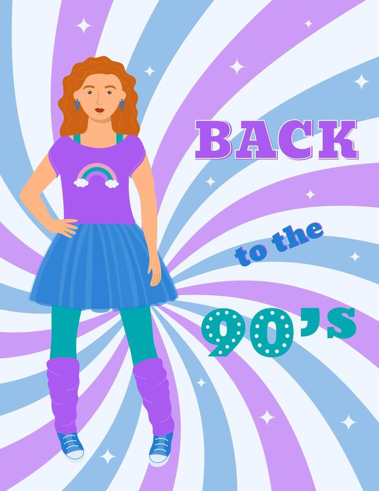 A4 poster with a girl in a T-shirt, skirt and leggings in retro style. 90 characters. y2k characters. Fashion of the 90s. vector