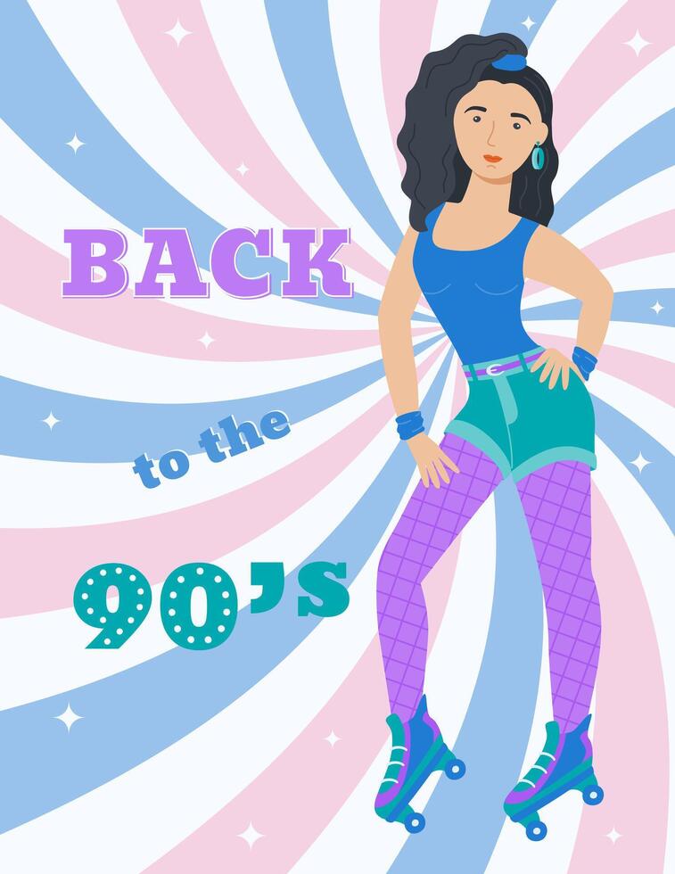 A4 poster with a girl on roller skates in retro style. 90 characters. y2k characters. Fashion of the 90s. vector