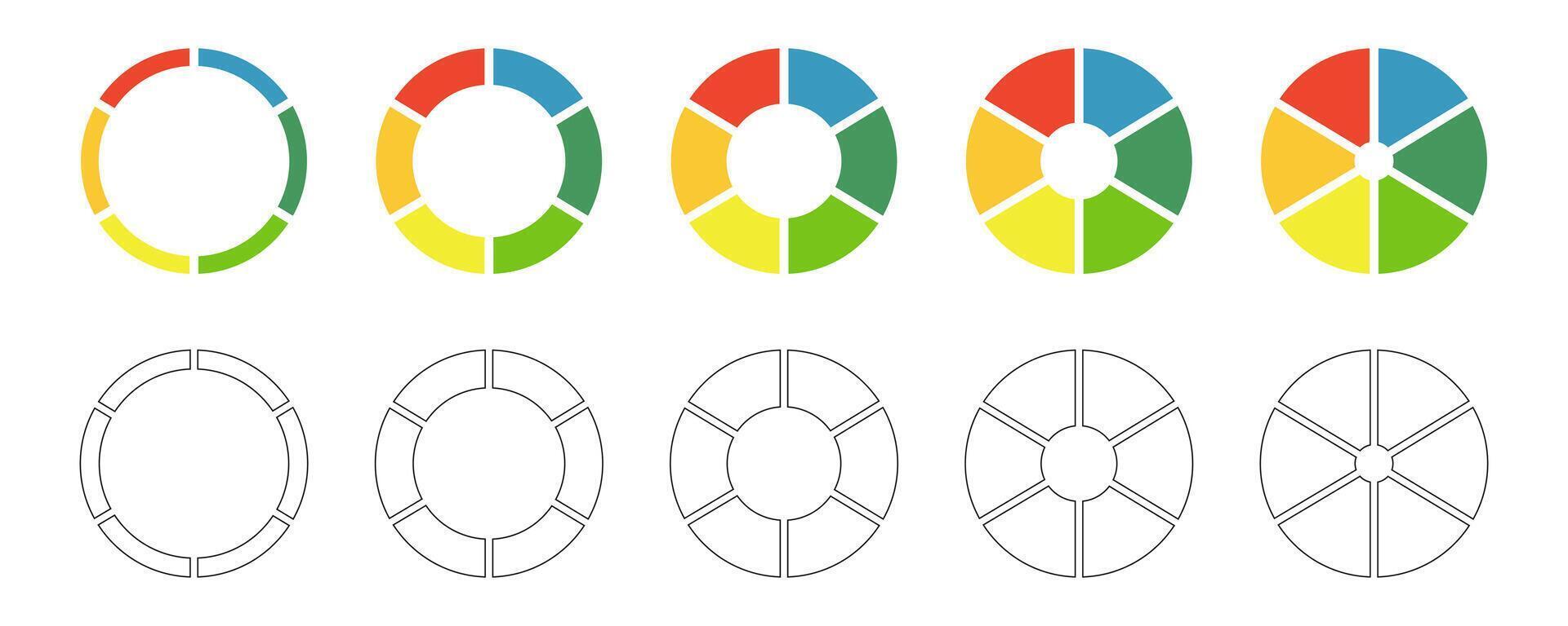 Donut charts set. Pies segmented on 6 equal parts. Wheels divided in six sections. Diagrams infographic multicolored collection. Circle section graph. Coaching blank. Pie chart round icon. Loading bar vector