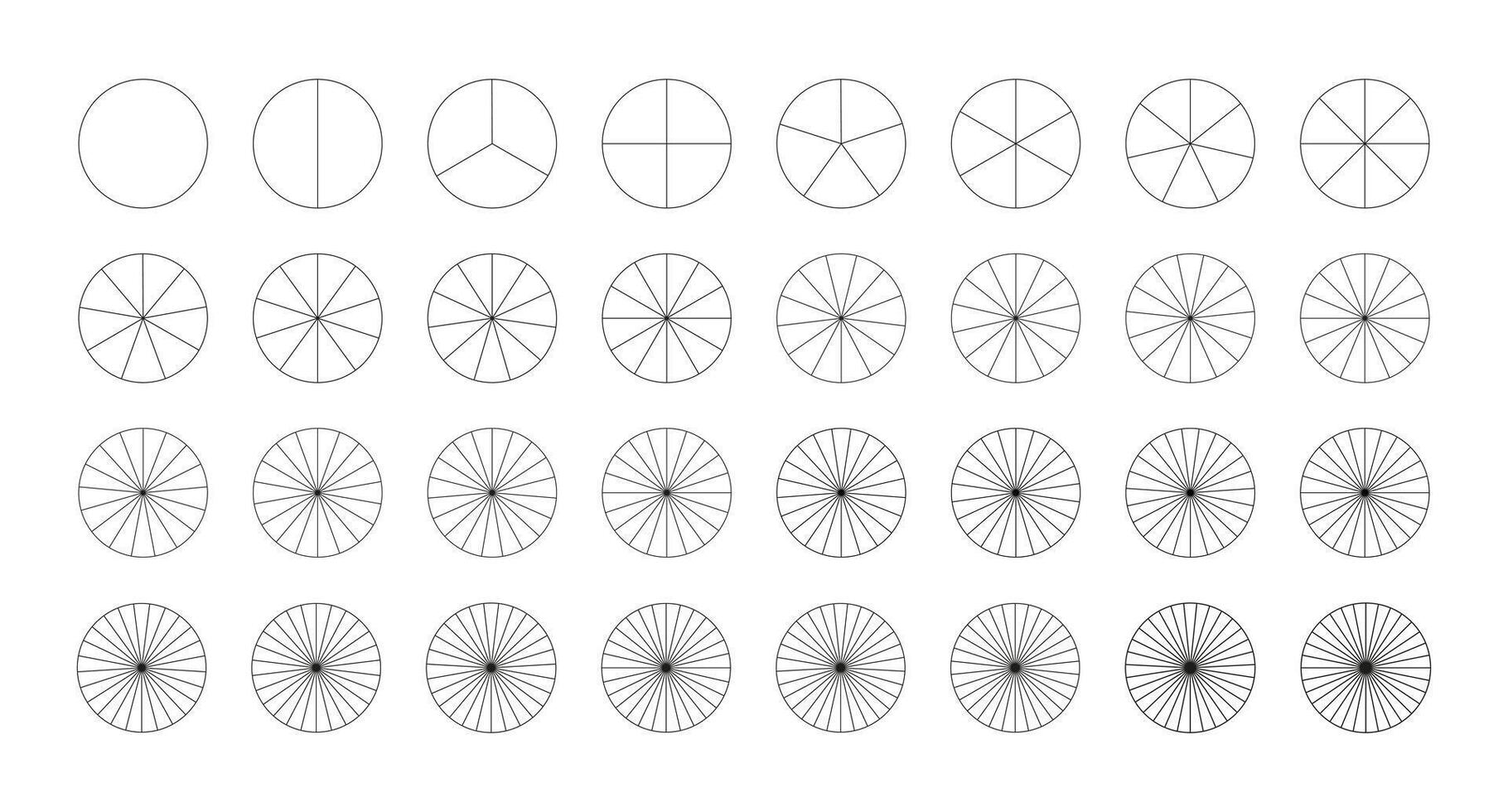 Pie, pizza charts template set. Segmented charts from 1 to 32 collection. Many number of sectors divide the circle on equal parts. Outline black graphics. Segments infographic. Diagram wheels. vector