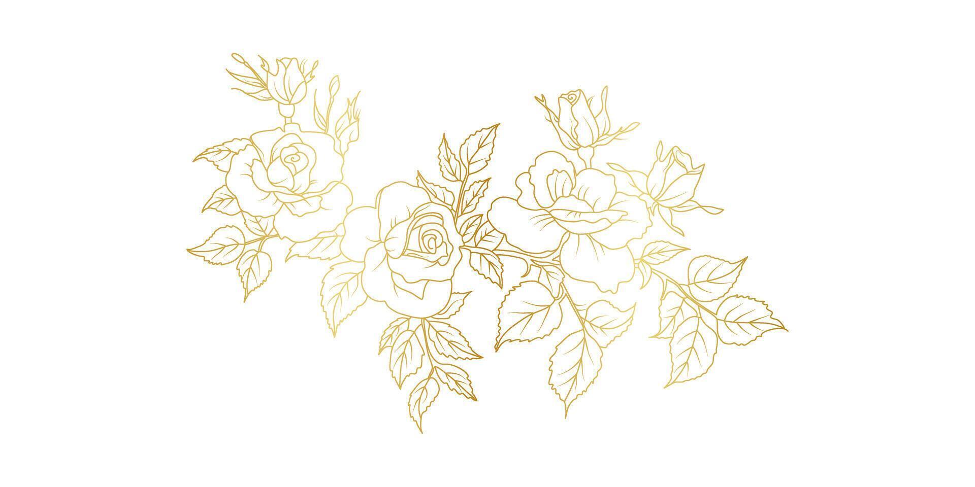 Golden rose flowers line art isolated on white background. Luxury roses floral design elements for invitation, wedding, wallpaper, print template illustration vector