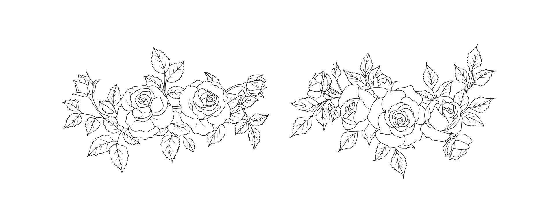 Rose flower arrangement line art on white background. Silhouette roses botanical hand drawn element for wedding, invitation frame design illustration vector