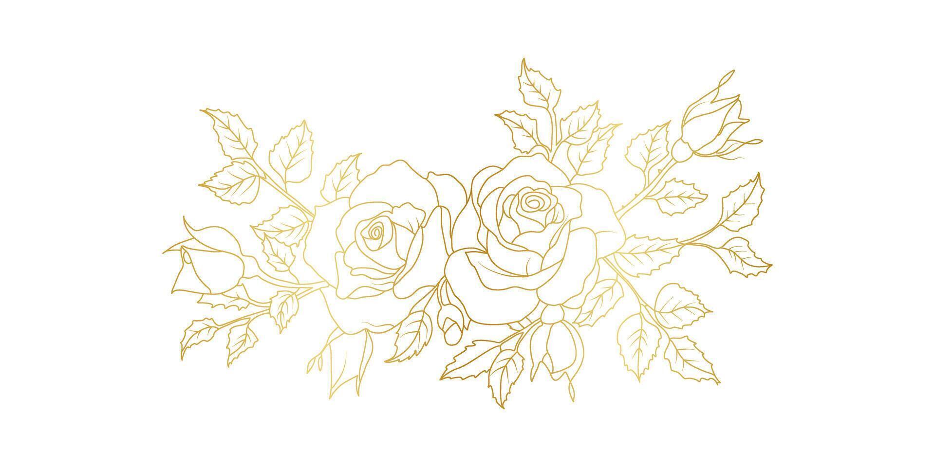 Golden rose flowers line art isolated on white background. Luxury roses floral design elements for invitation, wedding, wallpaper, print template illustration vector