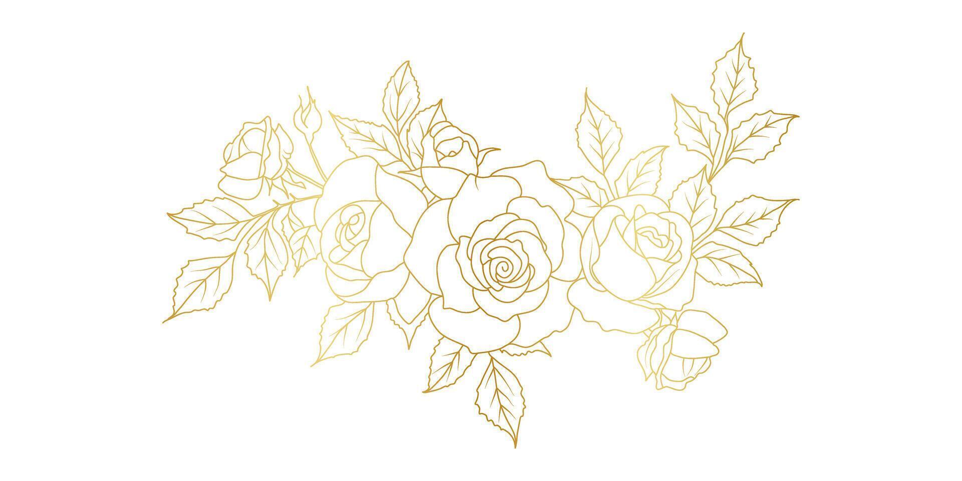 Golden rose flowers line art isolated on white background. Luxury roses floral design elements for invitation, wedding, wallpaper, print template illustration vector
