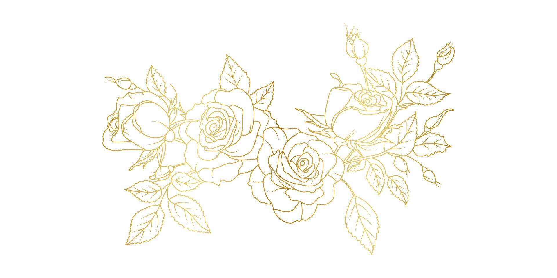 Golden rose flowers line art isolated on white background. Luxury roses floral design elements for invitation, wedding, wallpaper, print template illustration vector