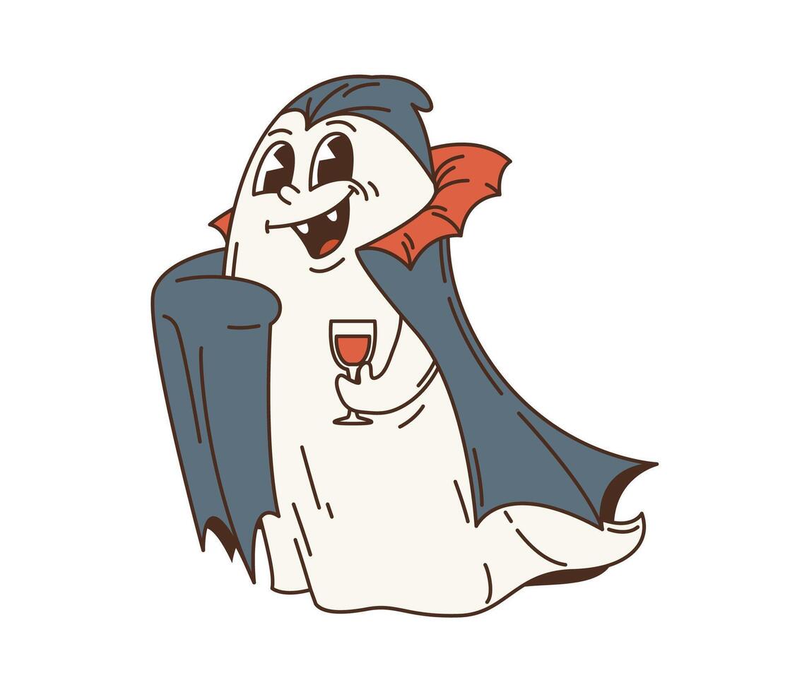 Cartoon retro groovy Halloween Dracula ghost vector