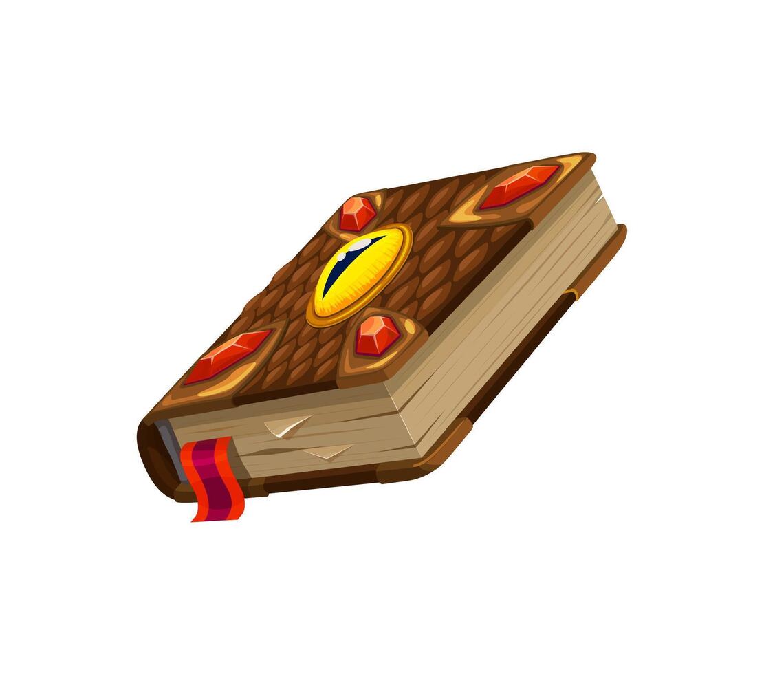 Game book with dragon eye and red crystal gems vector