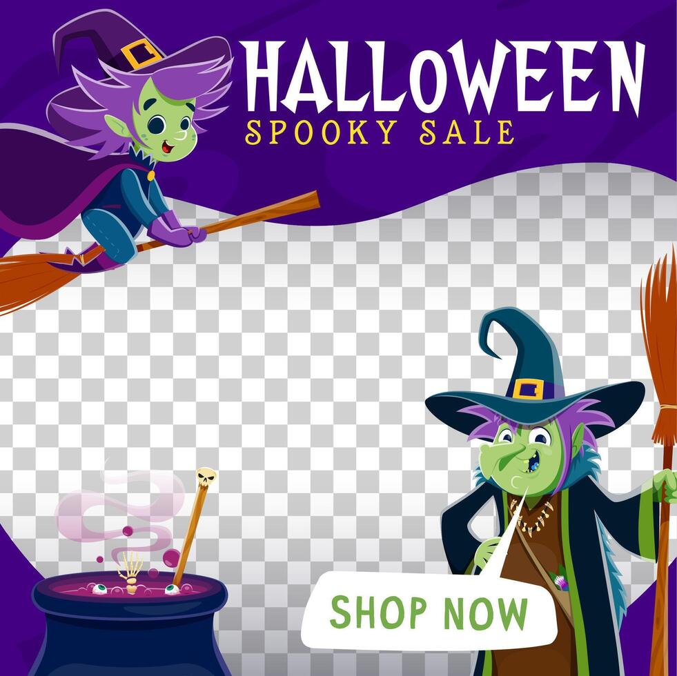 Halloween sale banner template, witch and cauldron vector