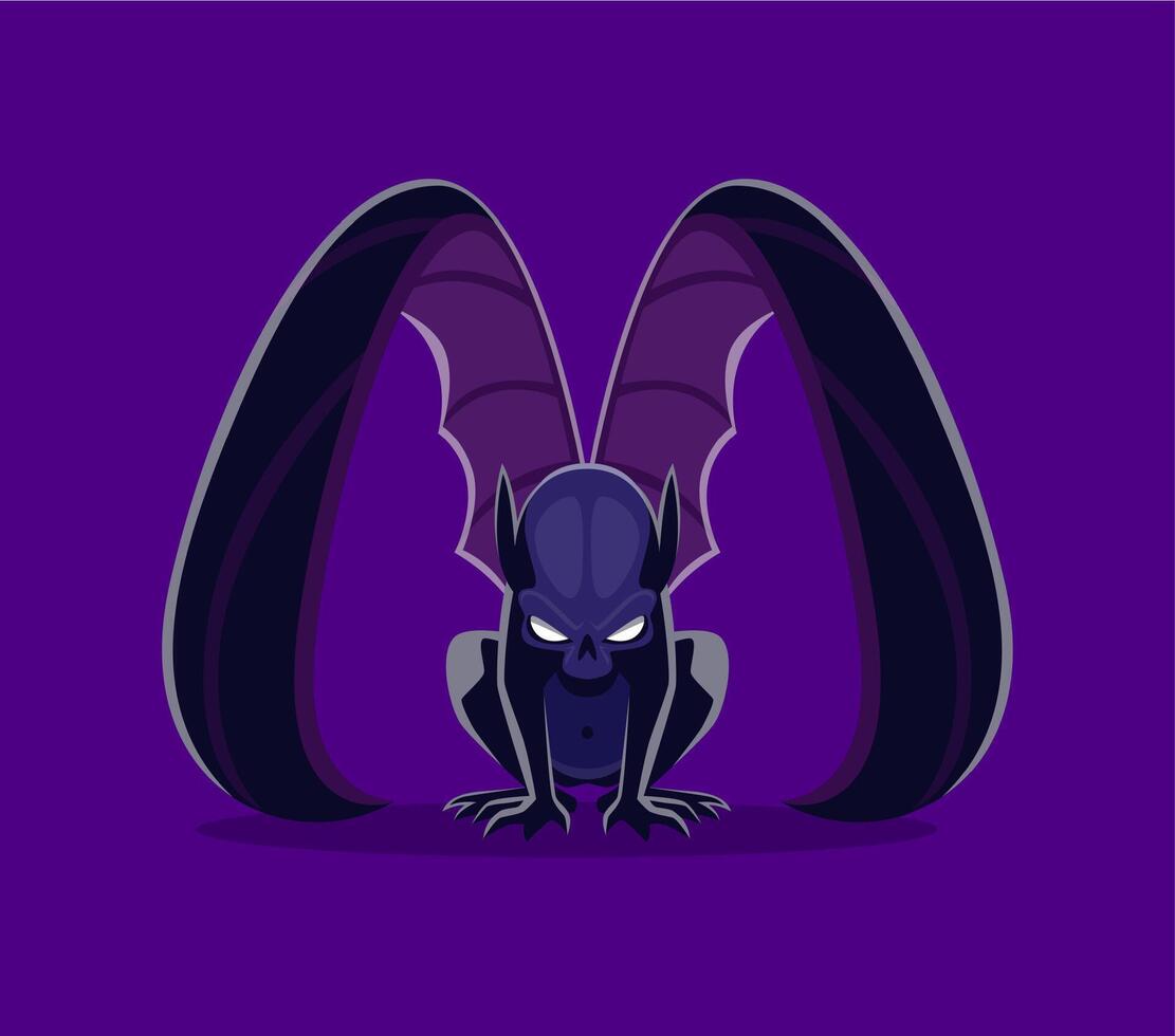 Halloween font, letter M as monster bat gargoyle vector