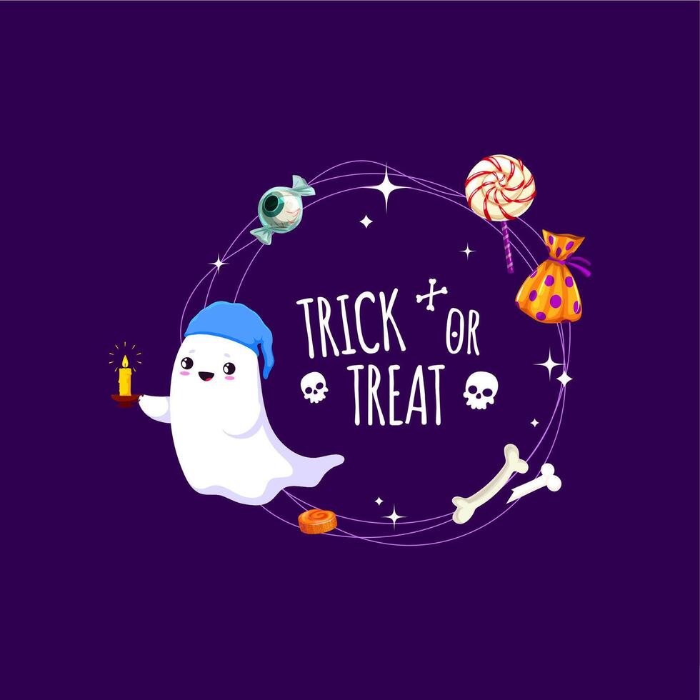Halloween frame with funny kawaii ghosts, sweets vector