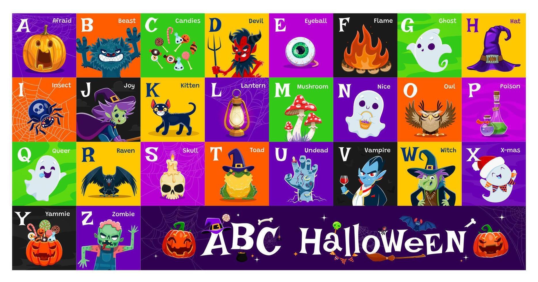 Halloween alphabet, holiday abc, kids type vector