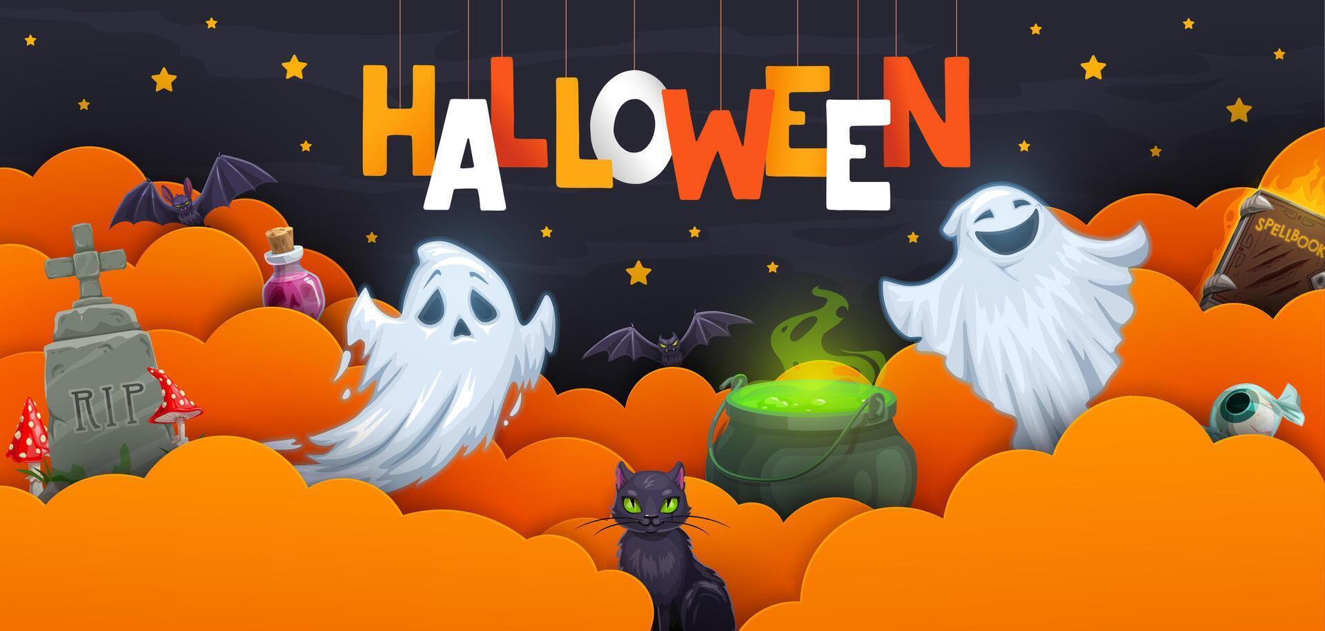 Halloween paper cut banner with clouds and ghosts vector