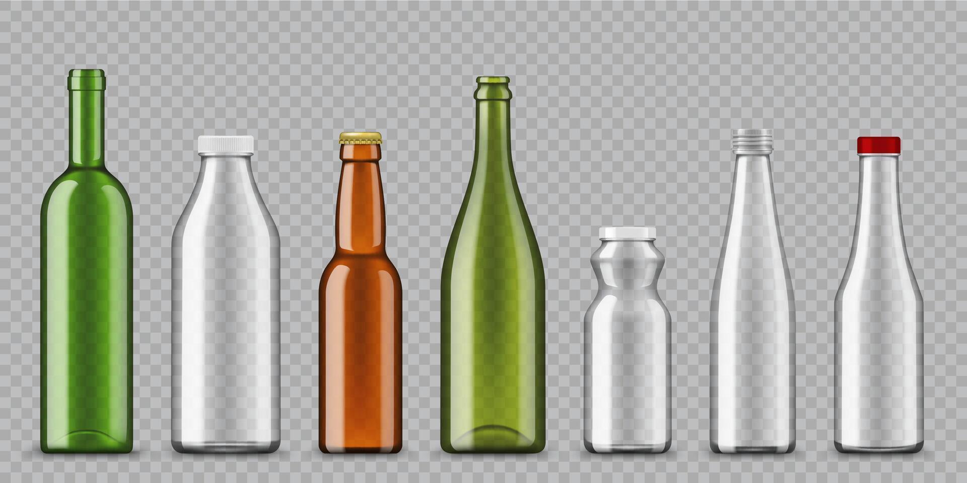 Realistic juice, milk, soda and beer glass bottles vector