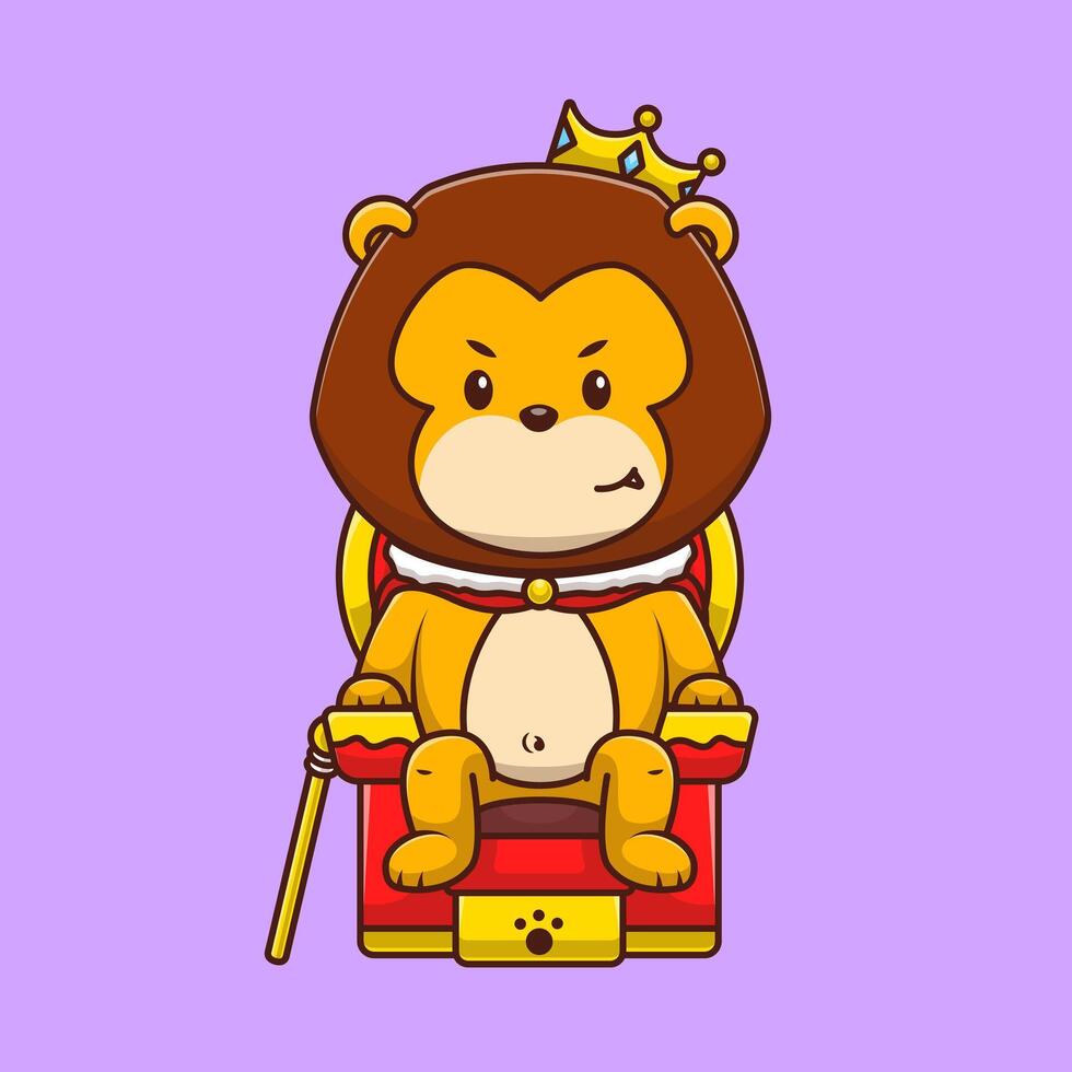 Cute Lion King Sitting In A Throne Cartoon Icon Illustration. Flat Cartoon Concept. Suitable for any creative project. vector