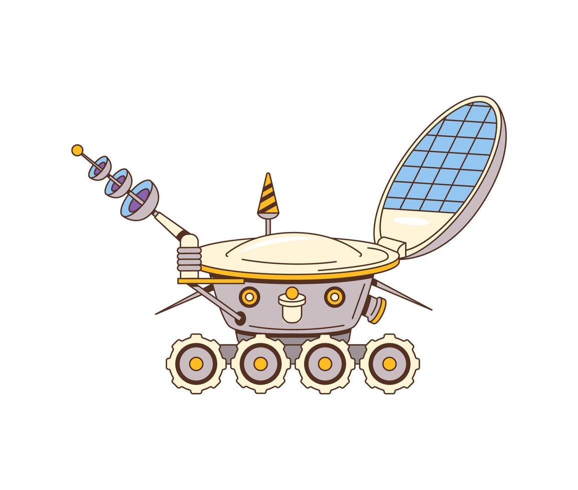 Retro groovy lunar rover space character, vector