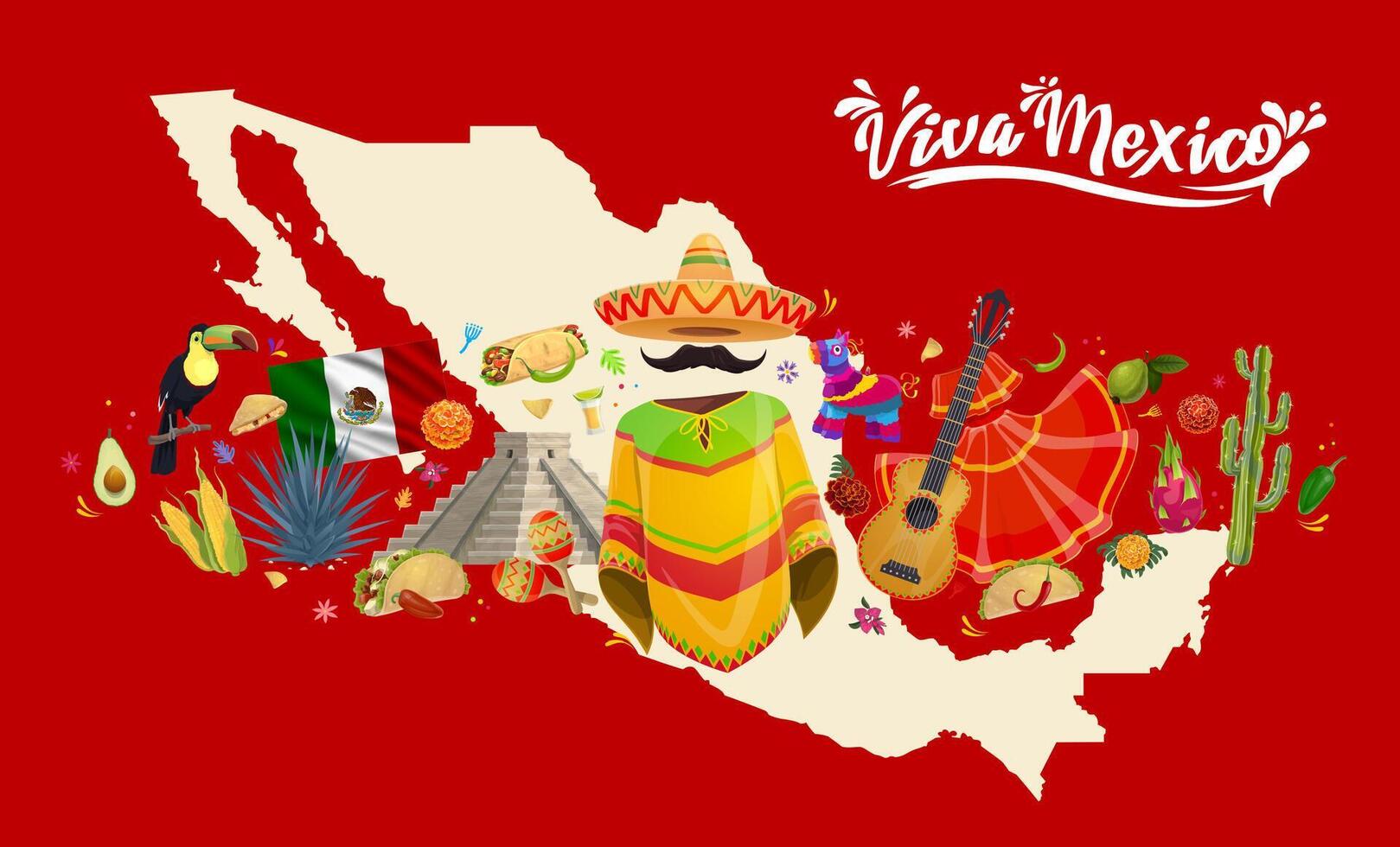 Mexico map, Mexican culture landmarks and symbols vector