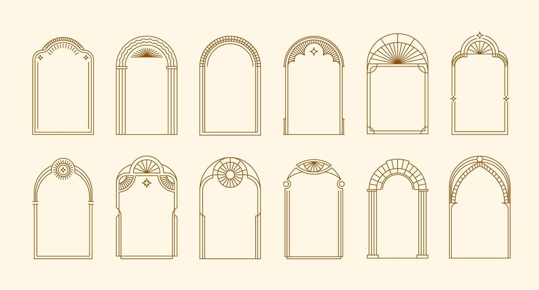 Art deco arch frames, gold line pattern borders vector