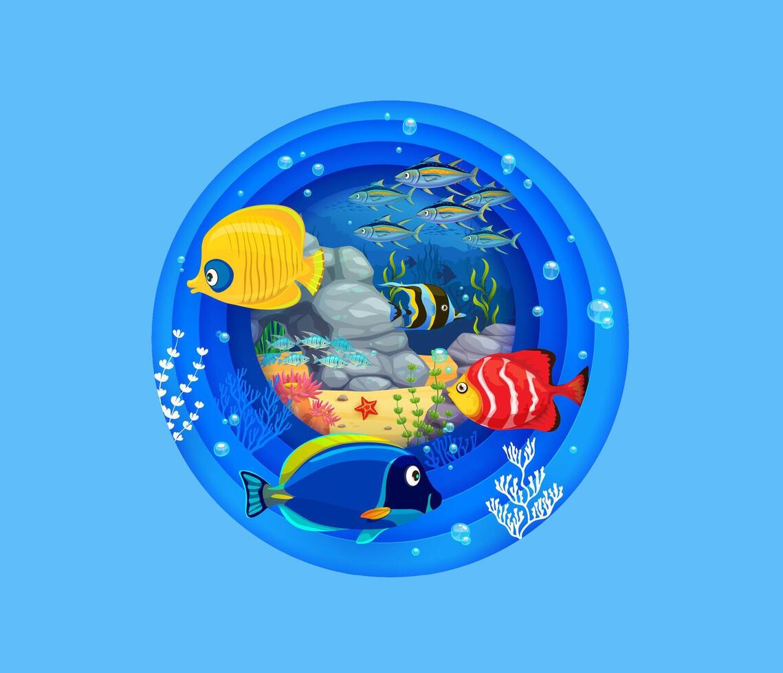 Underwater landscape paper cut, tropical fishes vector