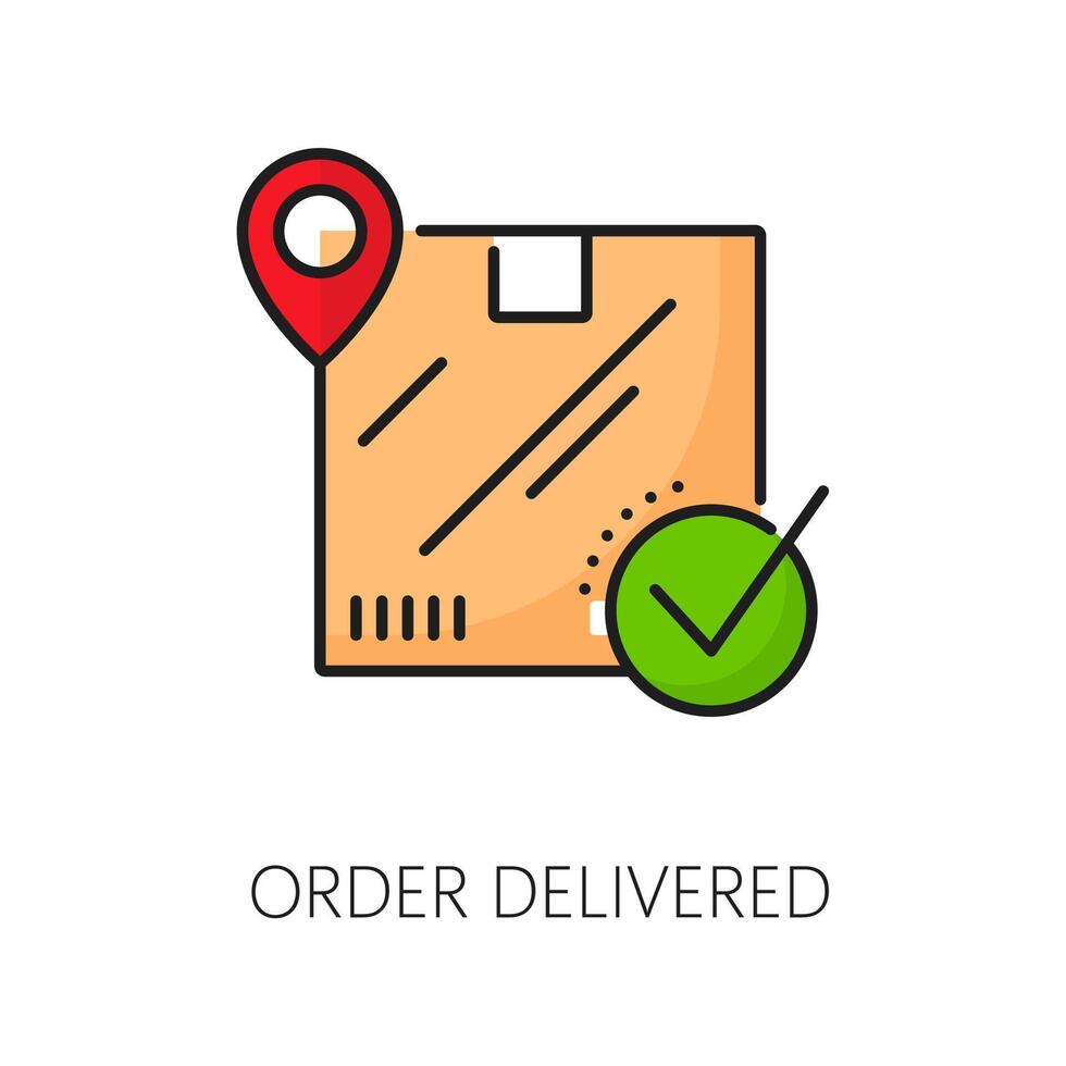 Order delivered line icon with box, check mark vector
